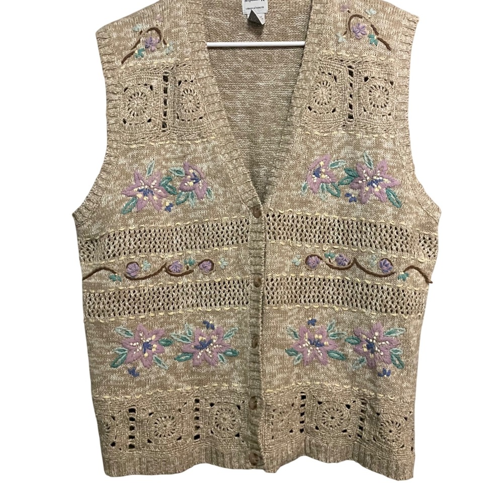 Stephanie K Vintage  Floral Embroidered Crochet Sweater Vest Tan‎ XL Grannycore